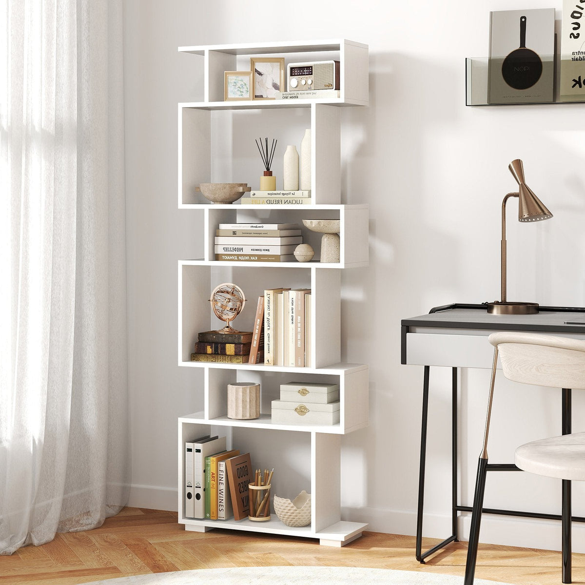 6-Tier Geometric Bookshelf with 2 Anti-Tipping Kits for Home Office-White