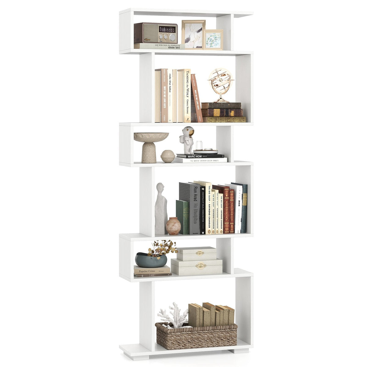6-Tier Geometric Bookshelf with 2 Anti-Tipping Kits for Home Office-White
