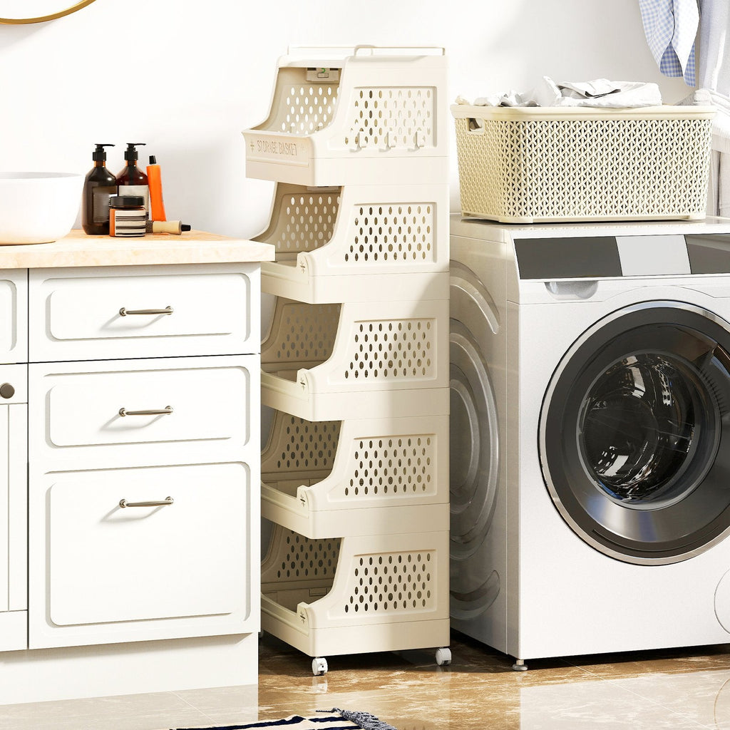 6-Tier Rolling Laundry Basket with Wheels Plastic Storage Cart with Side Hooks