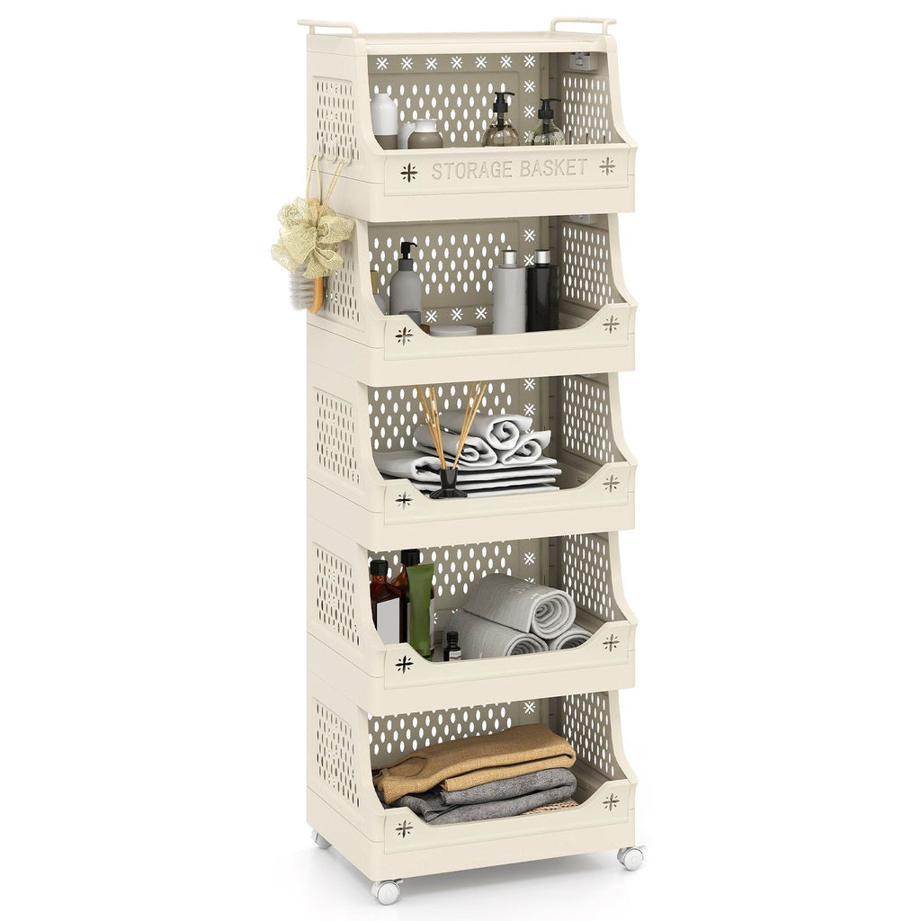 6-Tier Rolling Laundry Basket with Wheels Plastic Storage Cart with Side Hooks