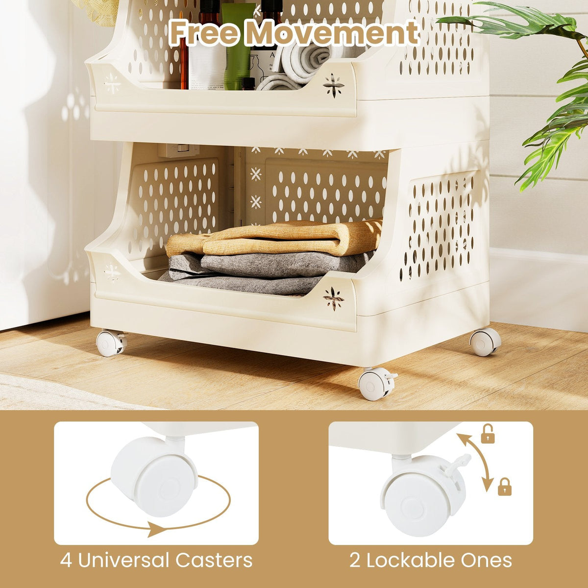 6-Tier Rolling Laundry Basket with Wheels Plastic Storage Cart with Side Hooks
