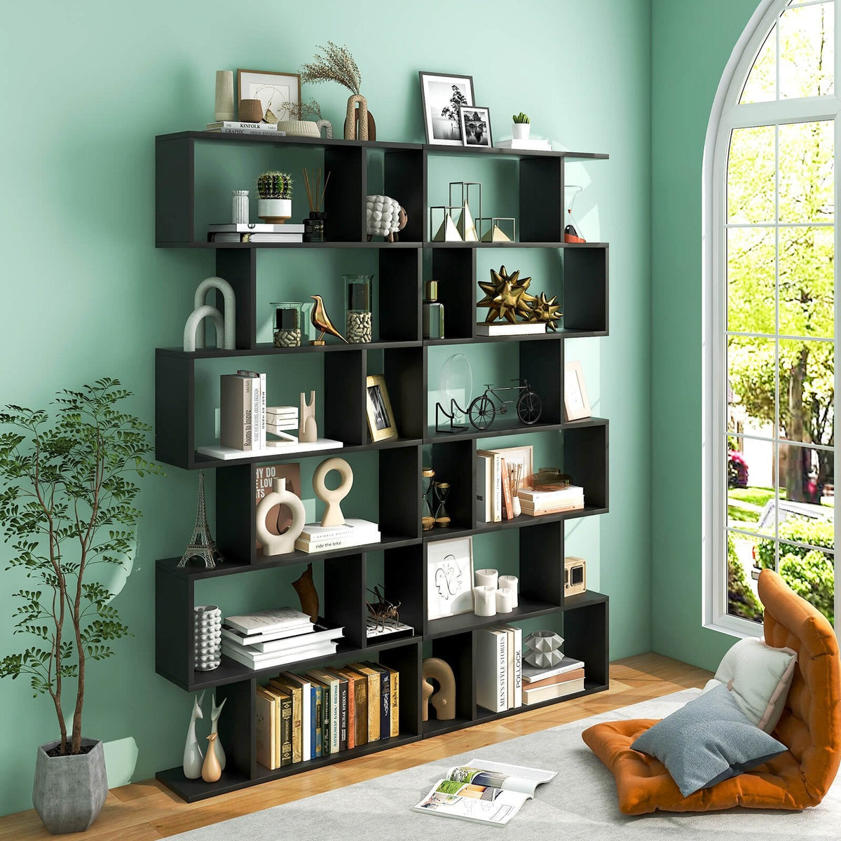 6 Tier S Shaped Bookshelf and Room Divider, Black