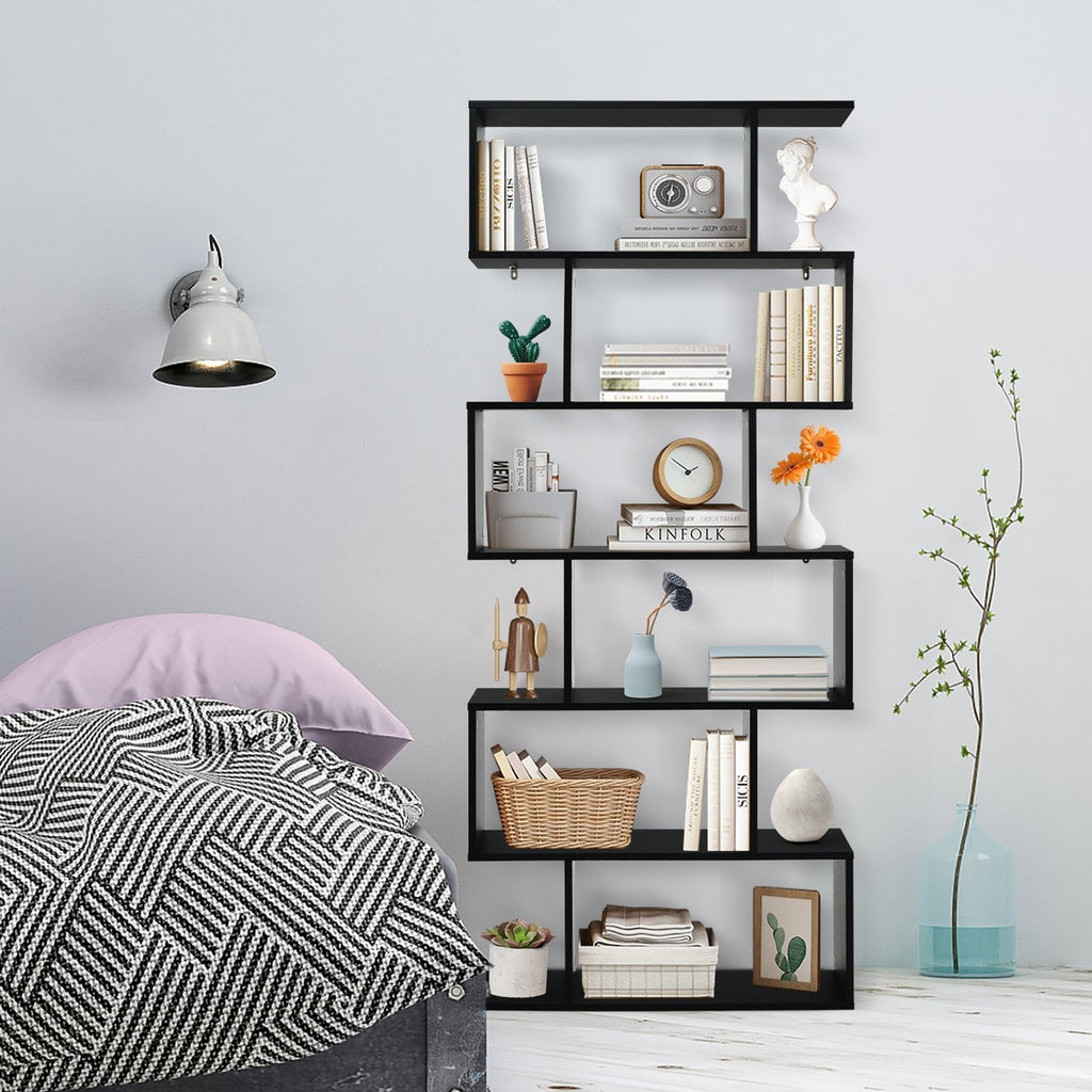 6 Tier S Shaped Bookshelf and Room Divider, Black