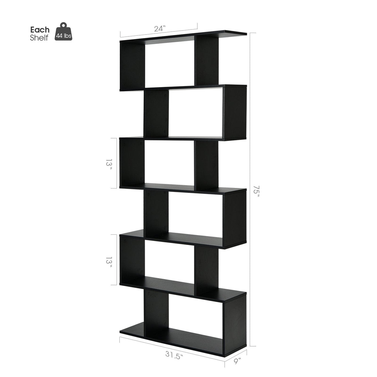 6 Tier S Shaped Bookshelf and Room Divider, Black