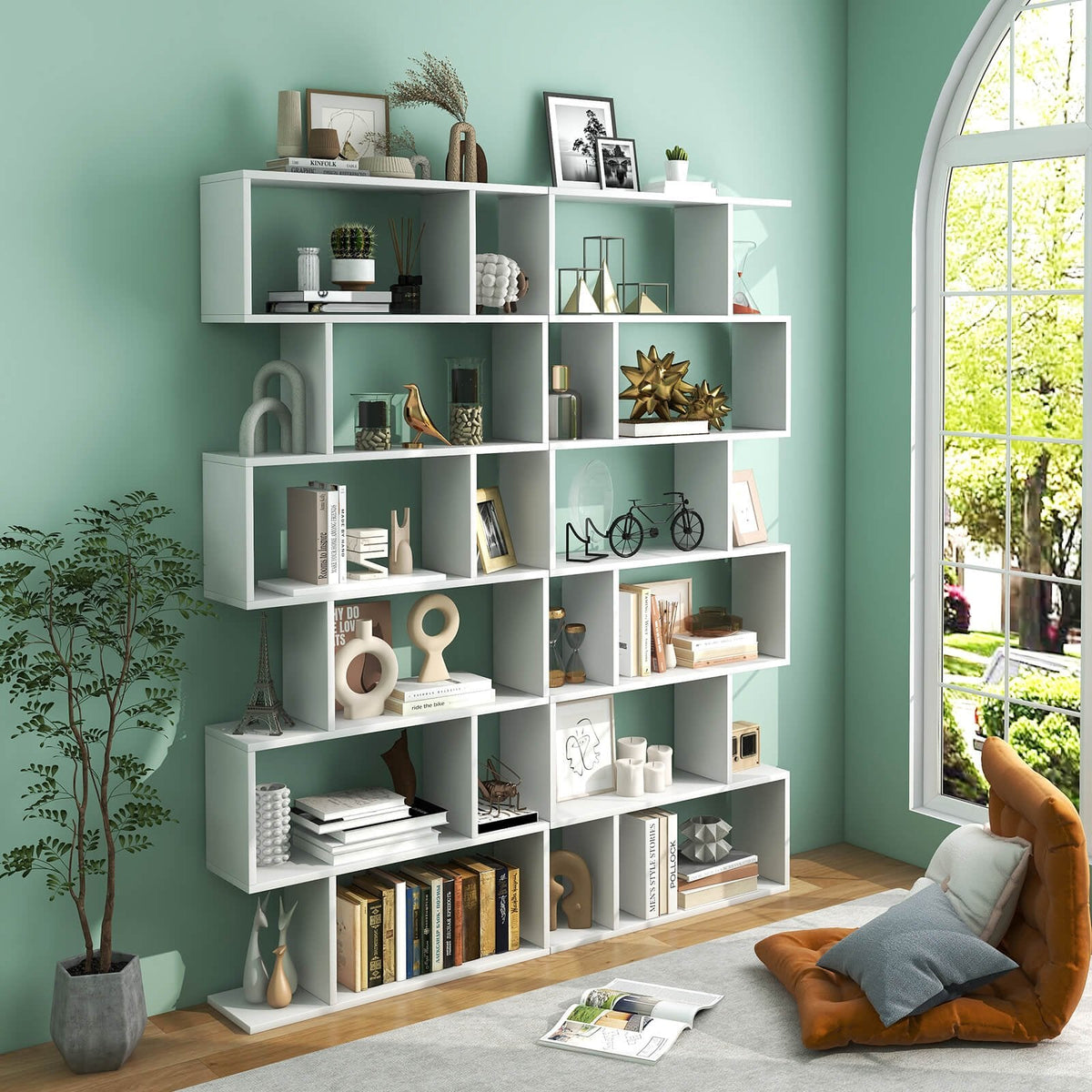6 Tier S Shaped Bookshelf and Room Divider, White