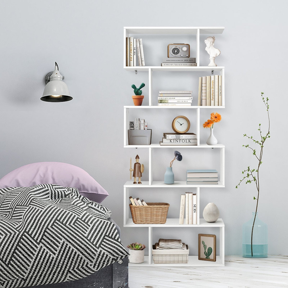 6 Tier S Shaped Bookshelf and Room Divider, White