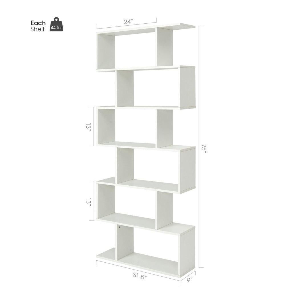 6 Tier S Shaped Bookshelf and Room Divider, White