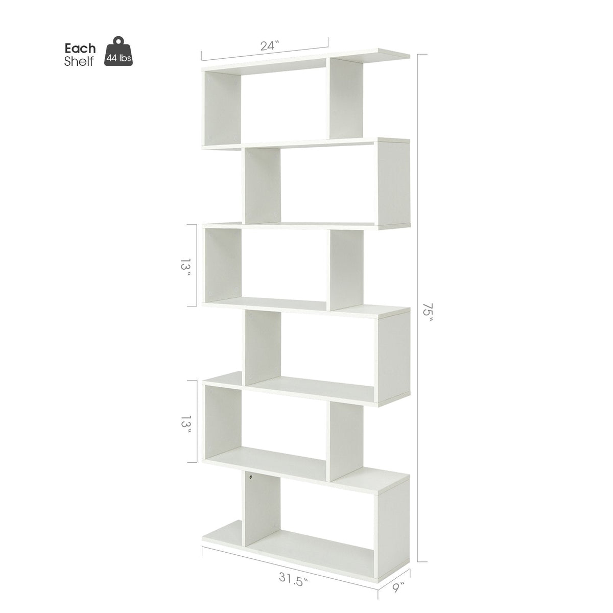 6 Tier S Shaped Bookshelf and Room Divider, White