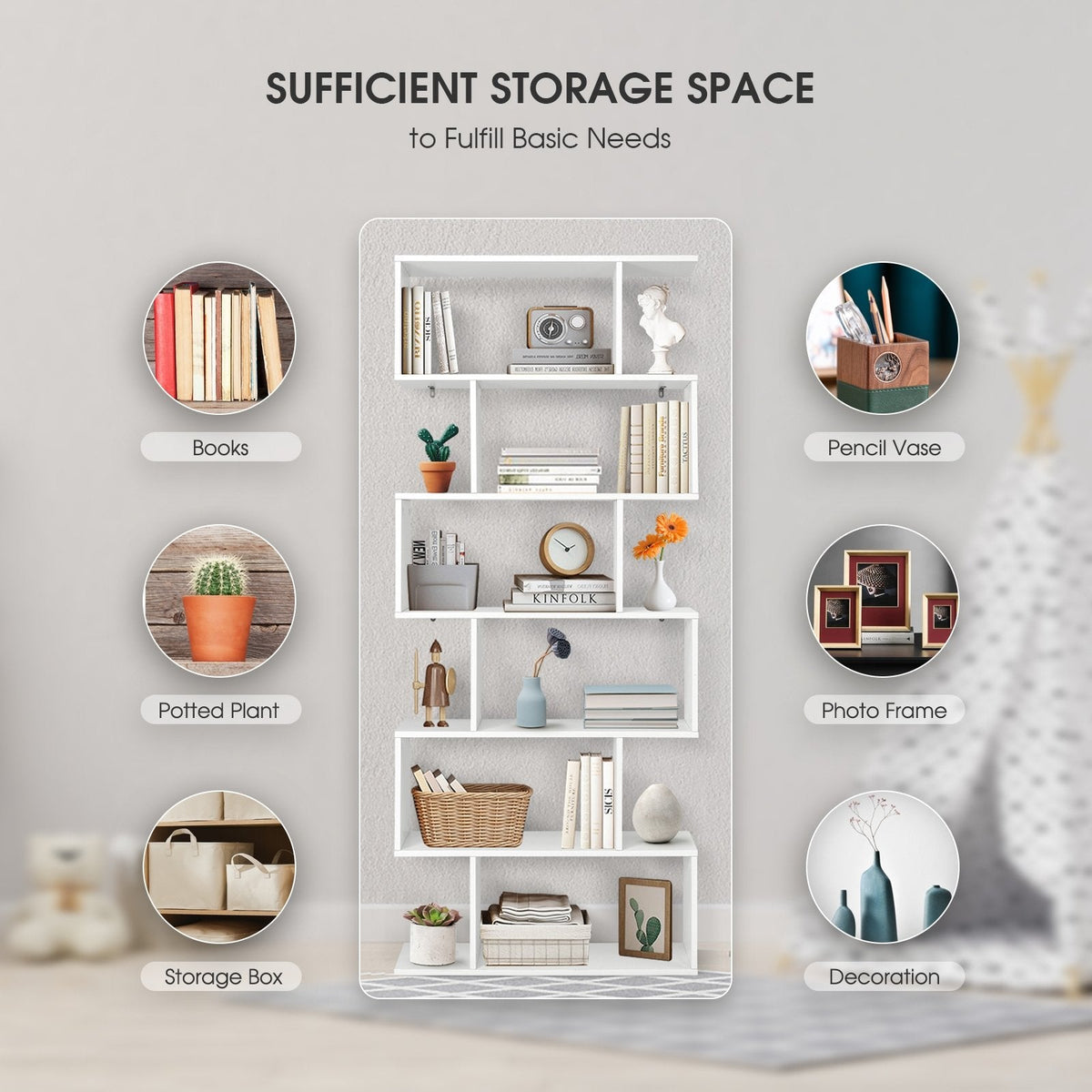 6 Tier S Shaped Bookshelf and Room Divider, White
