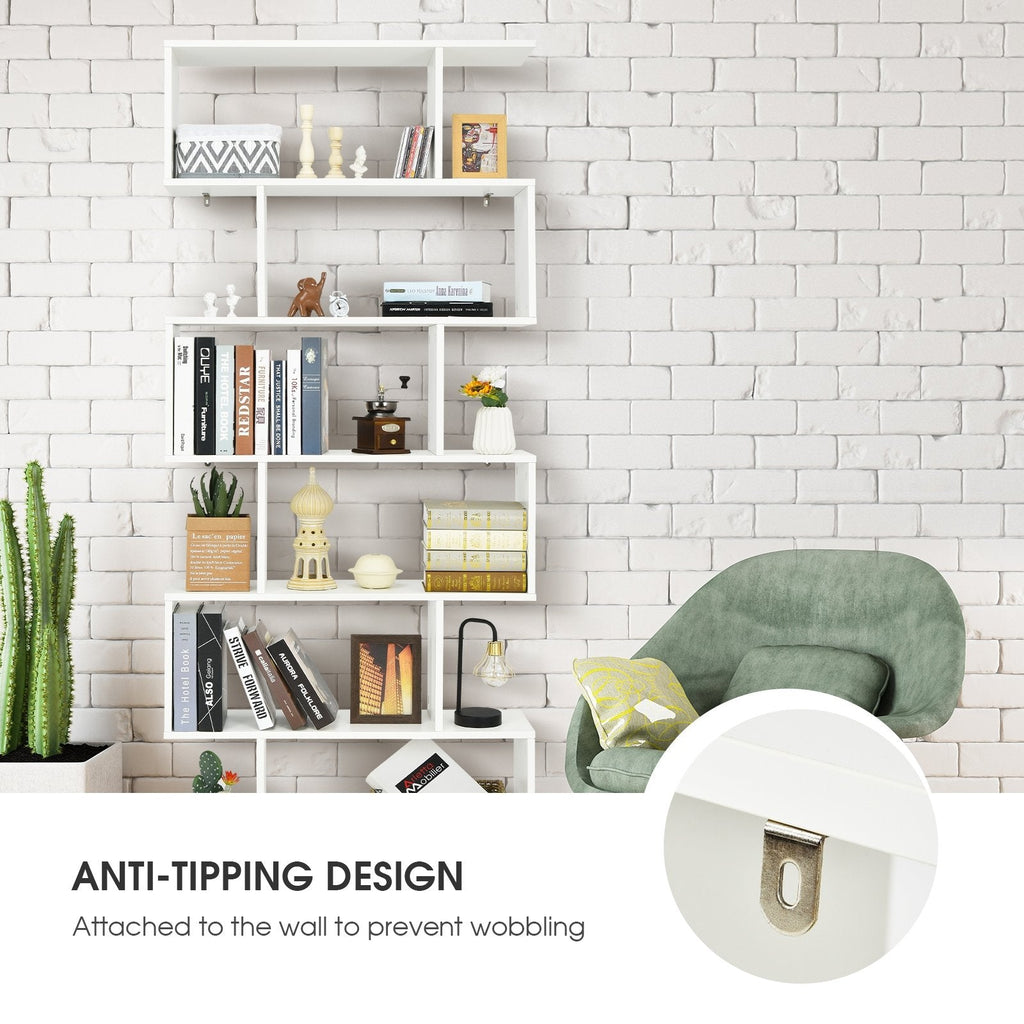 6 Tier S Shaped Bookshelf and Room Divider, White