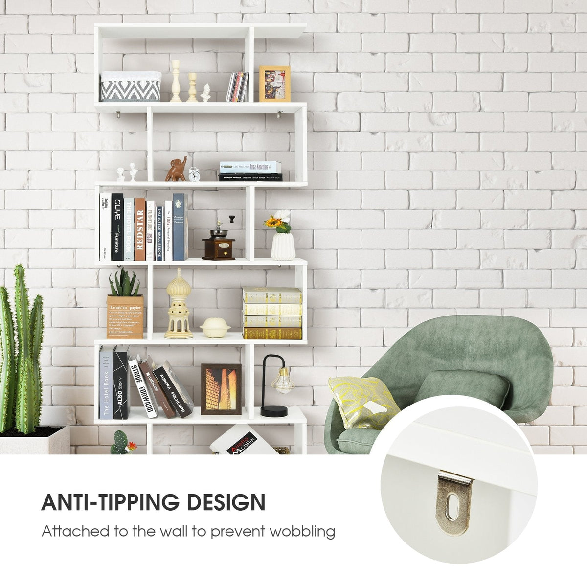 6 Tier S Shaped Bookshelf and Room Divider, White