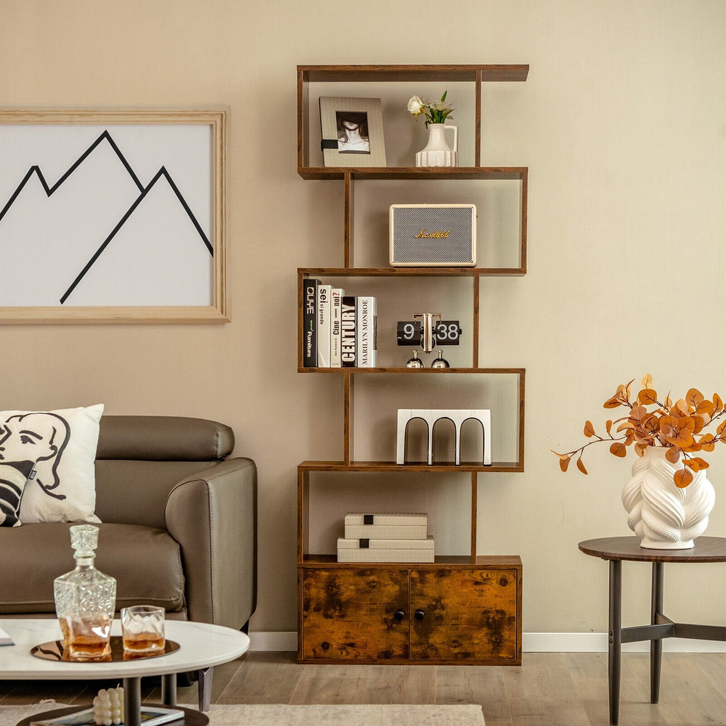 6 Tier S Shaped Bookshelf with 2 Door Cabinet, Freestanding Display Unit, Coffee Brown