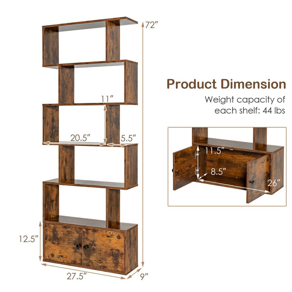 6 Tier S Shaped Bookshelf with 2 Door Cabinet, Freestanding Display Unit, Coffee Brown