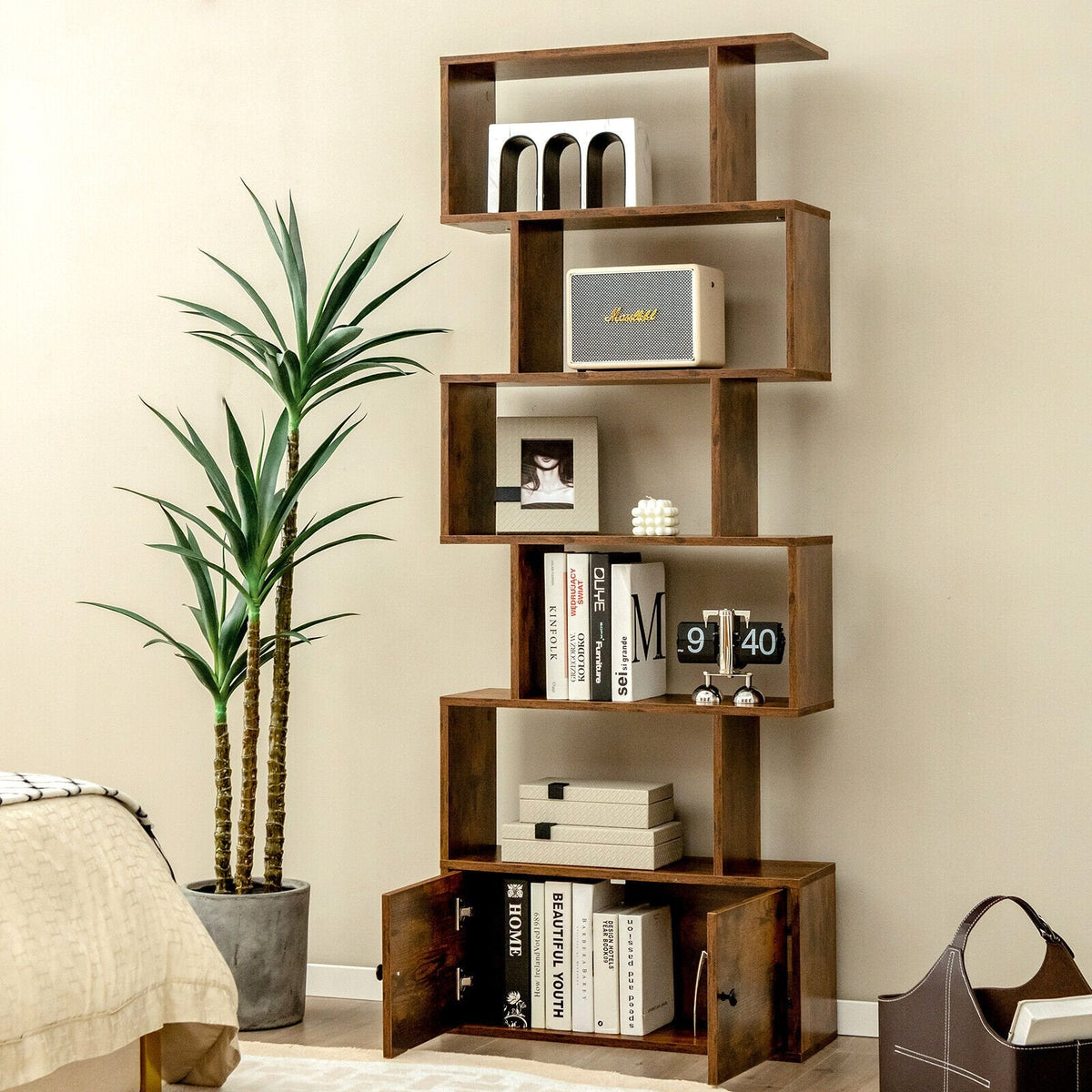 6 Tier S Shaped Bookshelf with 2 Door Cabinet, Freestanding Display Unit, Coffee Brown