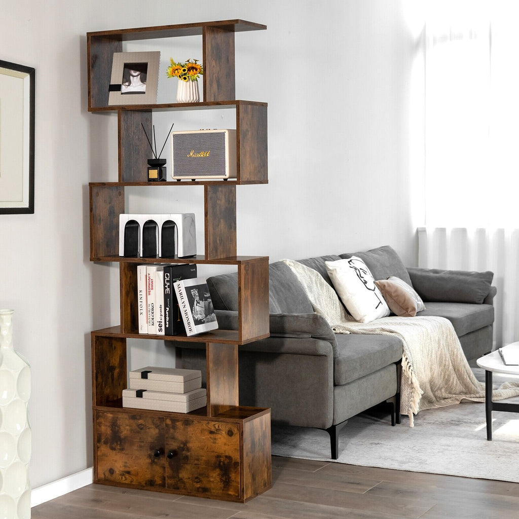 6 Tier S Shaped Bookshelf with 2 Door Cabinet, Freestanding Display Unit, Coffee Brown