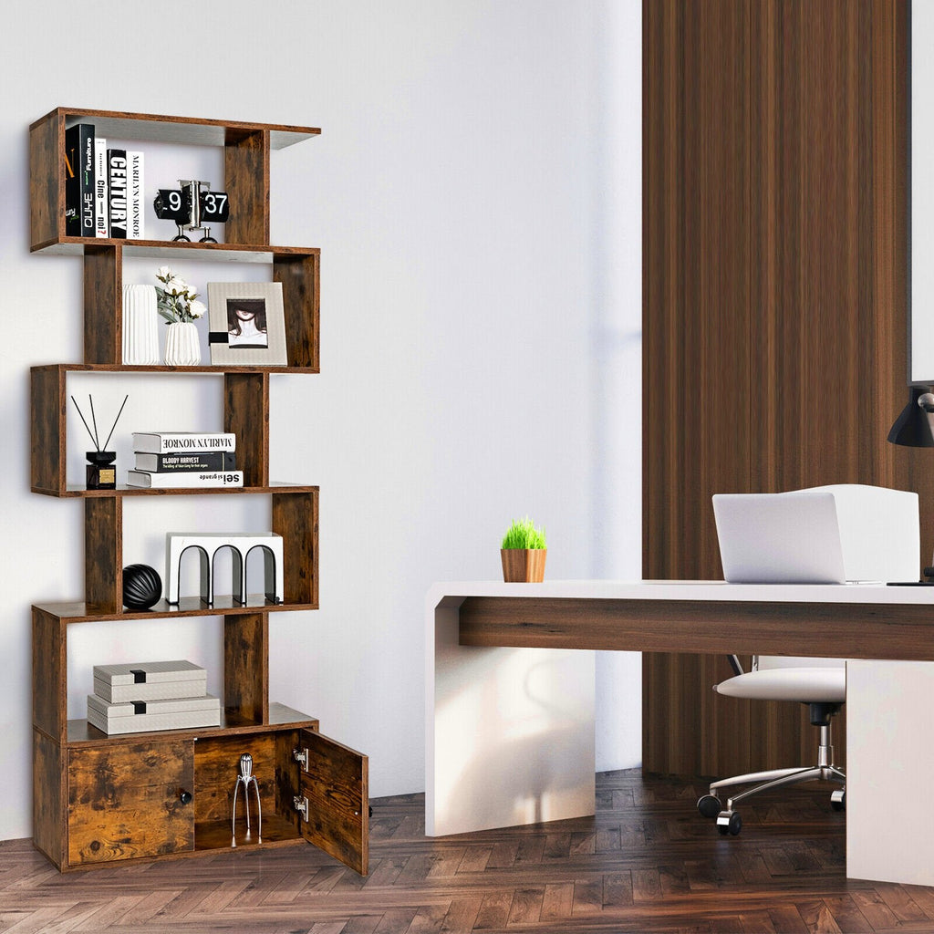 6 Tier S Shaped Bookshelf with 2 Door Cabinet, Freestanding Display Unit, Coffee Brown