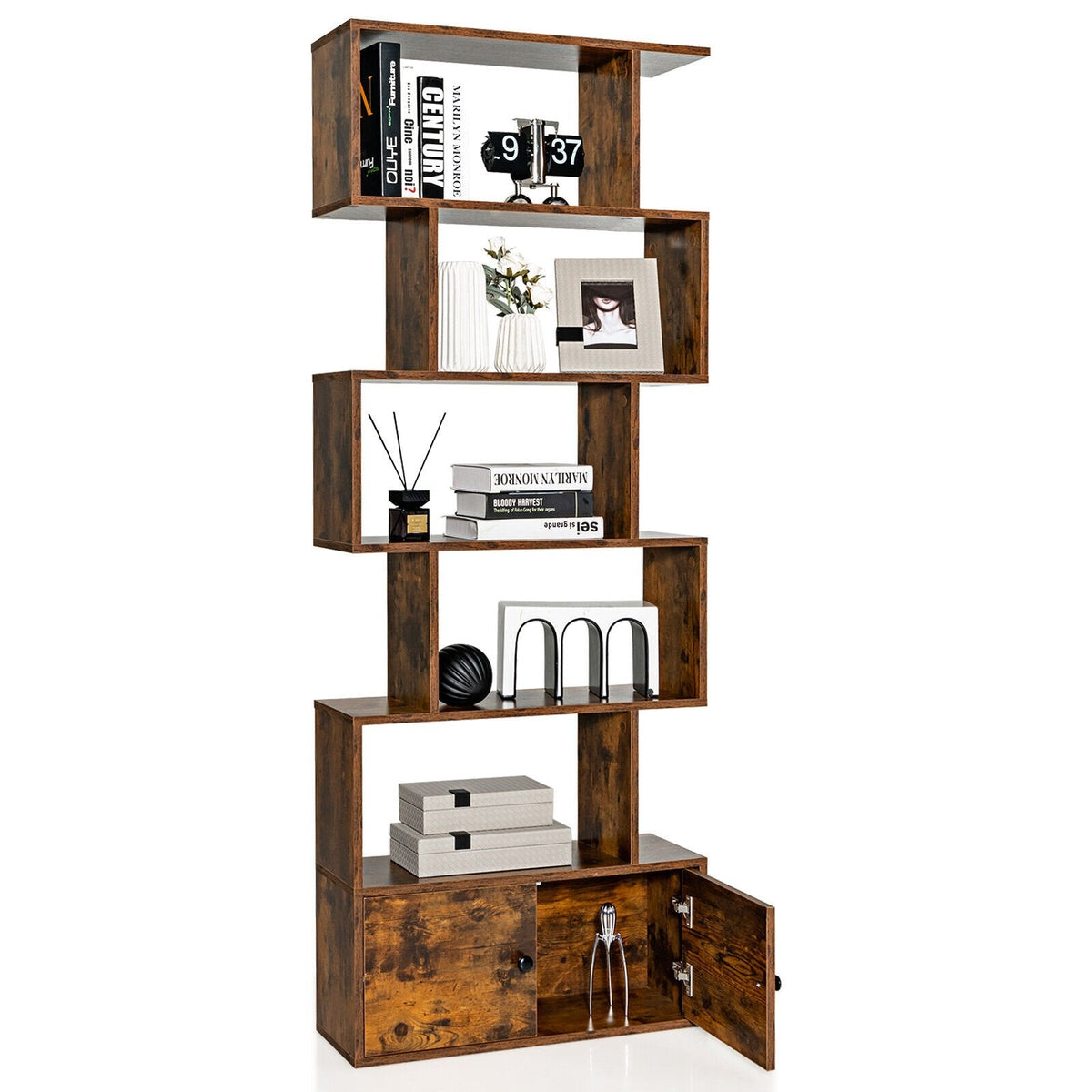 6 Tier S Shaped Bookshelf with 2 Door Cabinet, Freestanding Display Unit, Coffee Brown