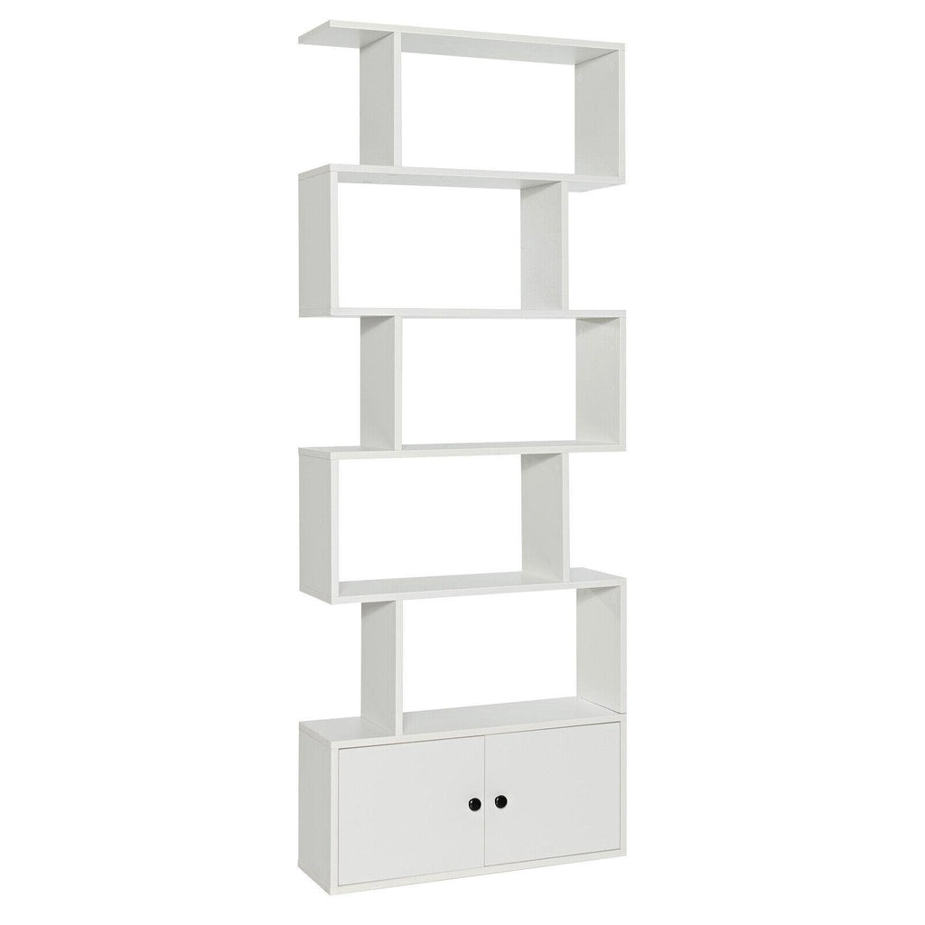6 Tier S Shaped Bookshelf with 2 Door Cabinet, Freestanding Display Unit, White