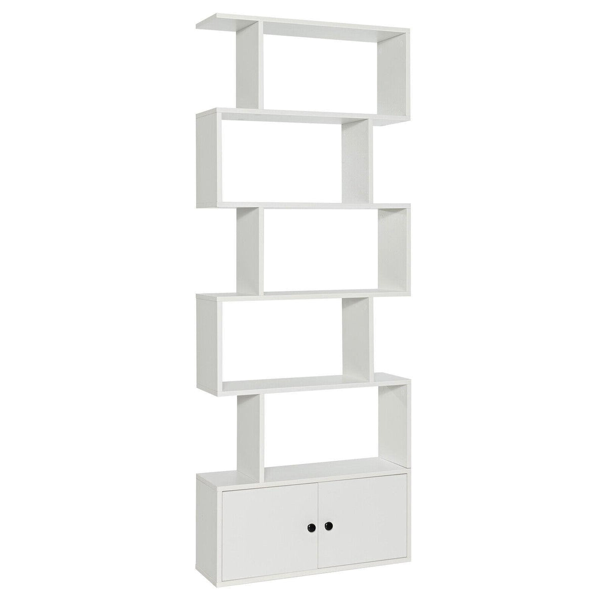 6 Tier S Shaped Bookshelf with 2 Door Cabinet, Freestanding Display Unit, White