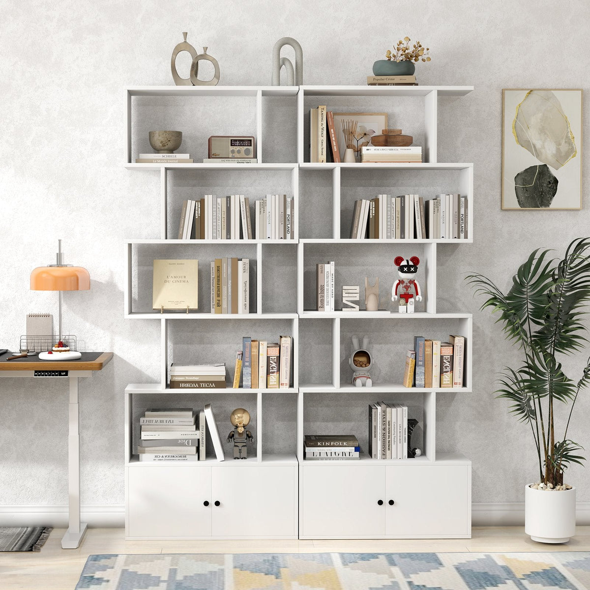 6 Tier S Shaped Bookshelf with 2 Door Cabinet, Freestanding Display Unit, White