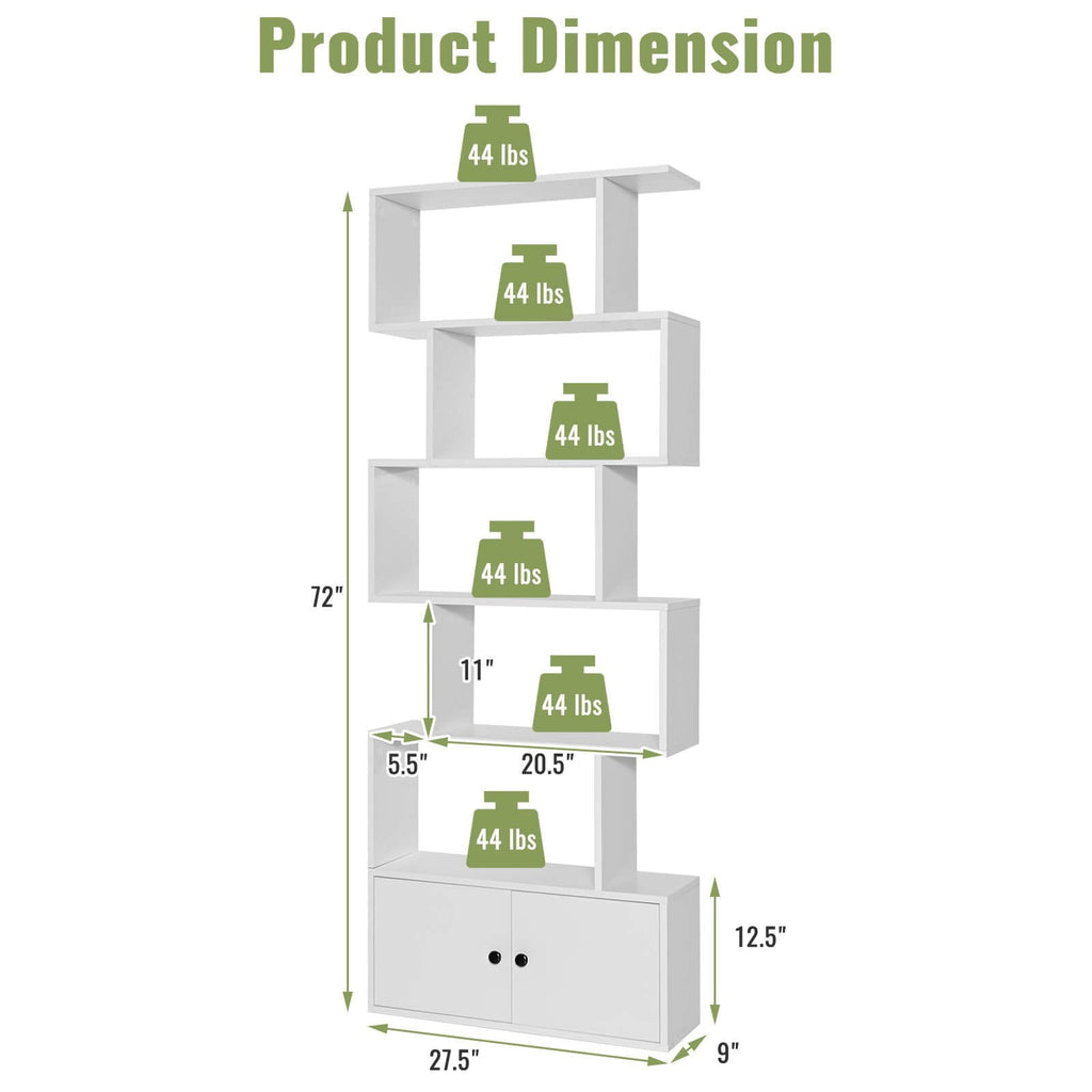 6 Tier S Shaped Bookshelf with 2 Door Cabinet, Freestanding Display Unit, White