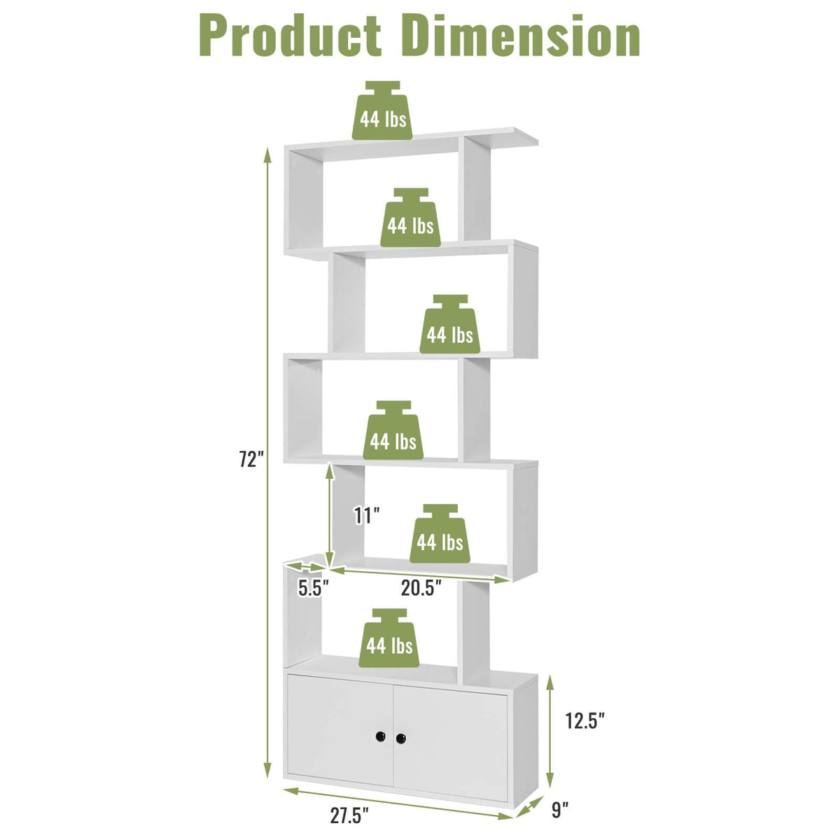 6 Tier S Shaped Bookshelf with 2 Door Cabinet, Freestanding Display Unit, White