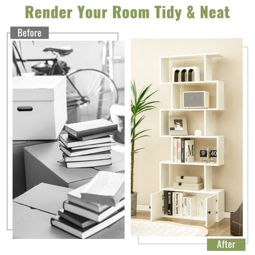 6 Tier S Shaped Bookshelf with 2 Door Cabinet, Freestanding Display Unit, White