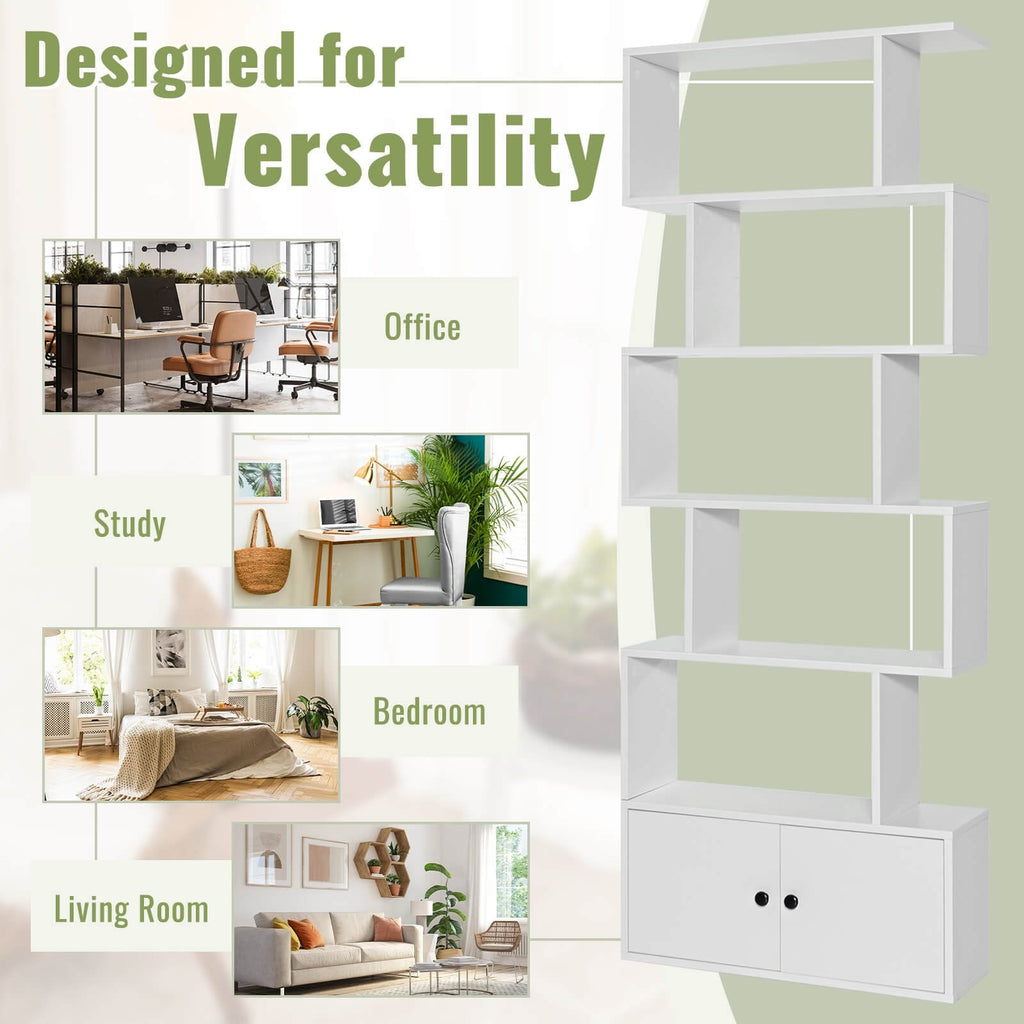 6 Tier S Shaped Bookshelf with 2 Door Cabinet, Freestanding Display Unit, White