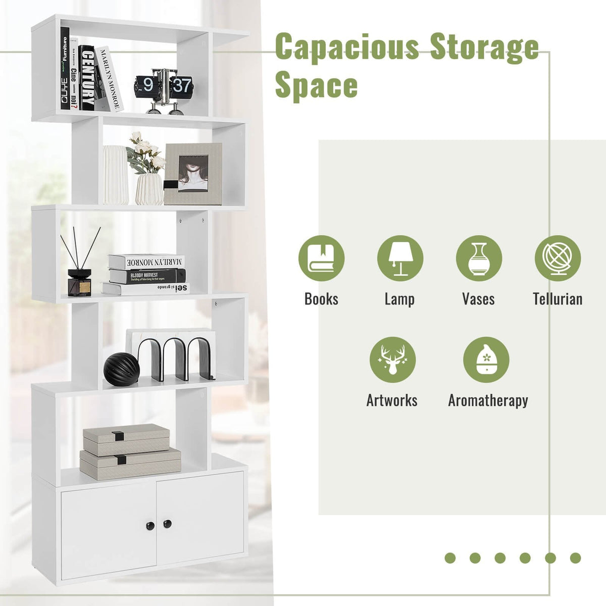 6 Tier S Shaped Bookshelf with 2 Door Cabinet, Freestanding Display Unit, White