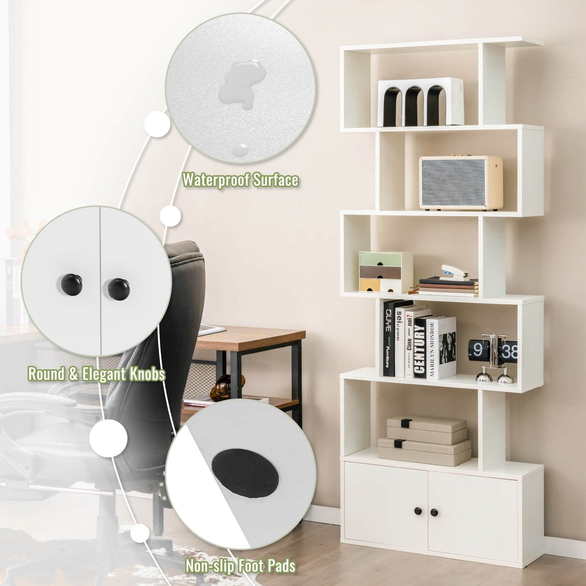 6 Tier S Shaped Bookshelf with 2 Door Cabinet, Freestanding Display Unit, White