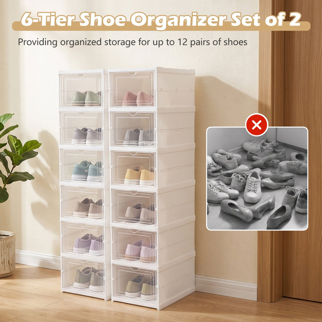6-Tier Shoe Organizer Set of 2 with Clear Doors and Portable Design for 12 Pairs-White