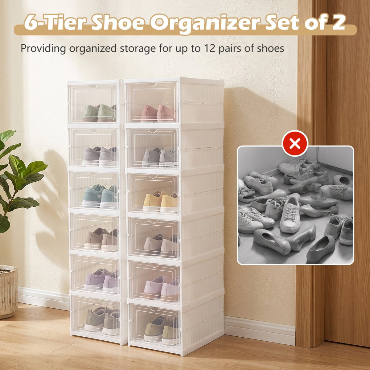 6-Tier Shoe Organizer Set of 2 with Clear Doors and Portable Design for 12 Pairs-White