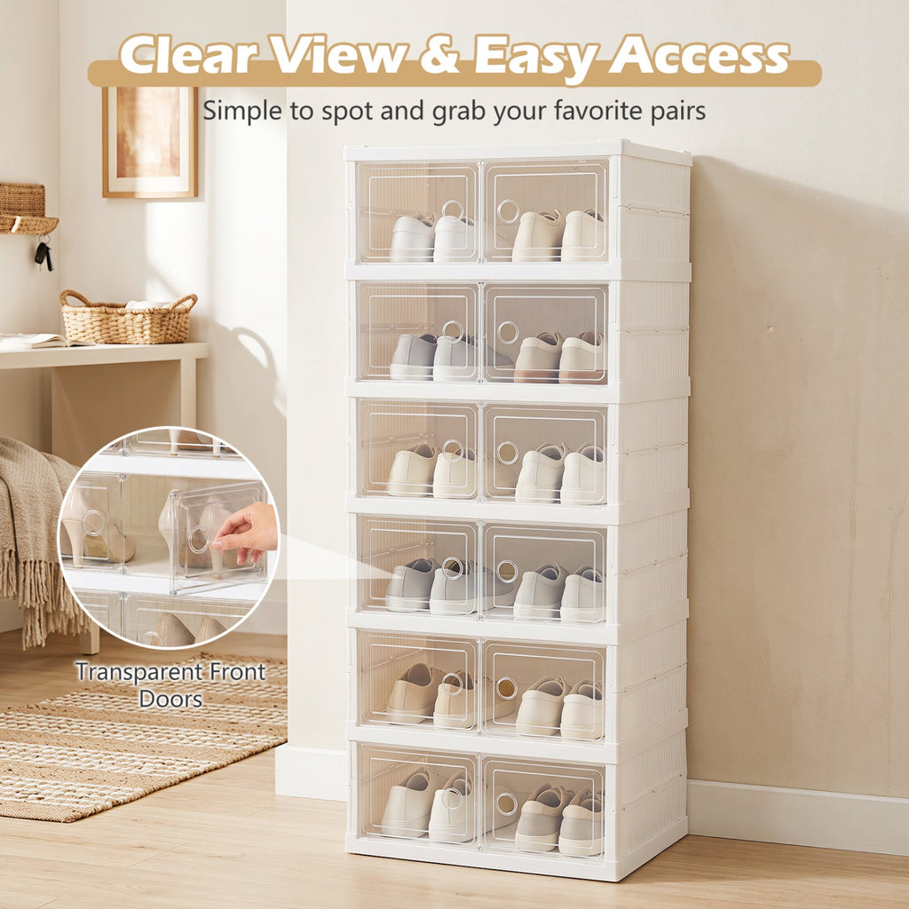 6-Tier Shoe Organizer with Clear Doors and Portable Design for 12 Pairs-White