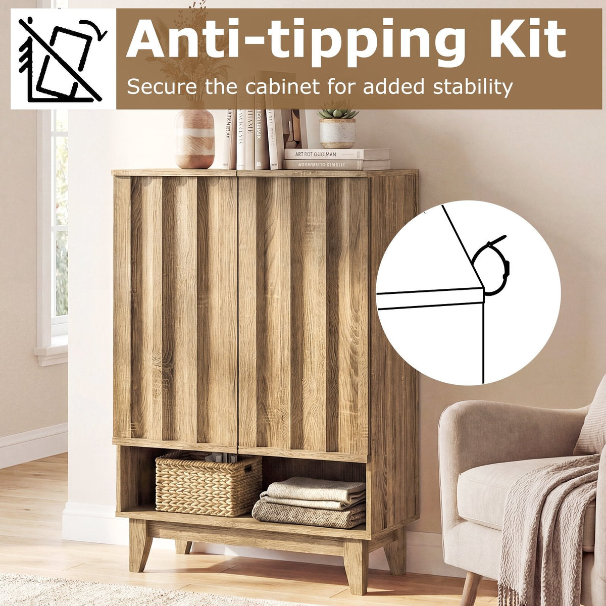 6-Tier Shoe Storage Organizer with 2 Fluted Doors-Oak