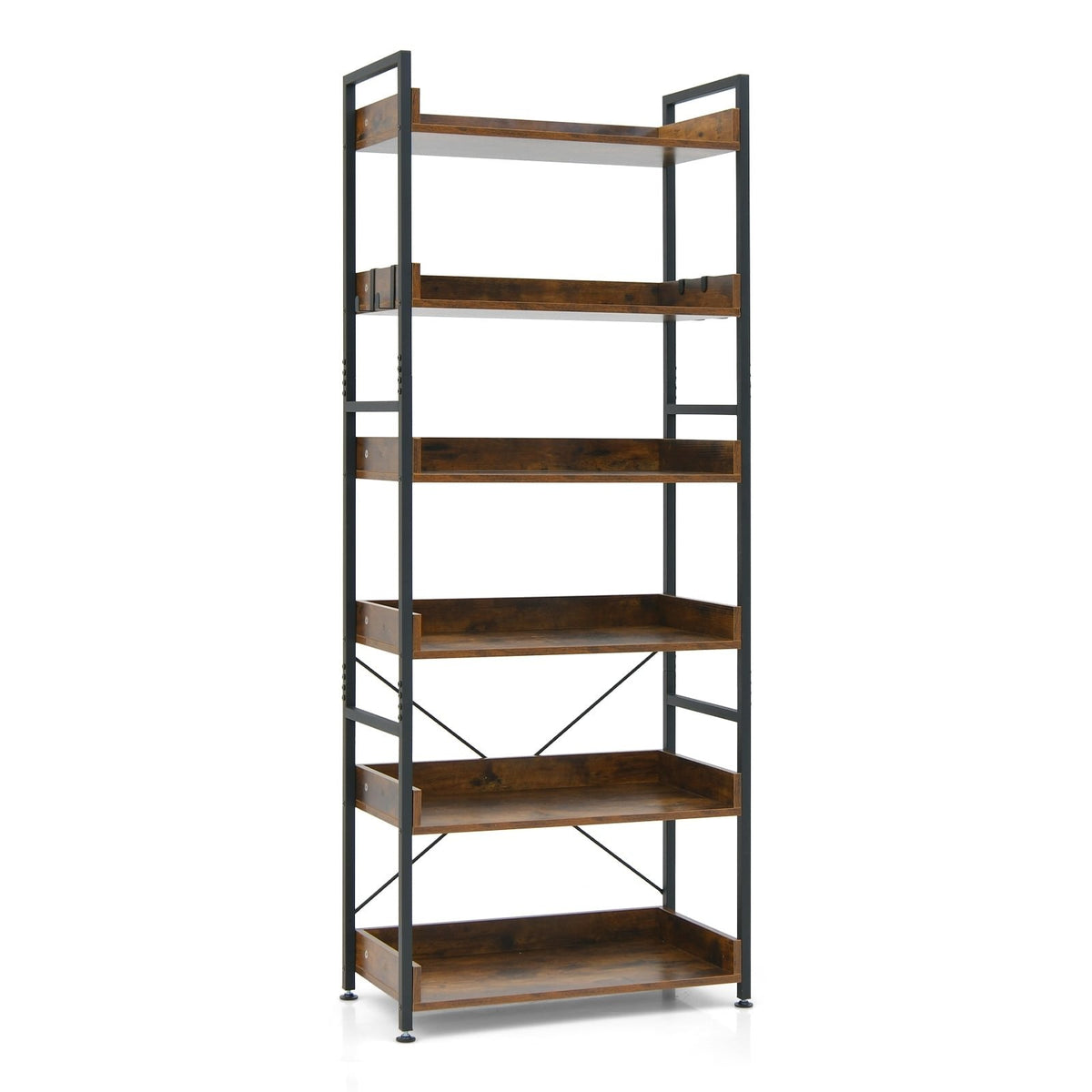 6 Tier Industrial Bookcase with 4 Hooks, Brown Wood Shelves on a Black Metal Frame