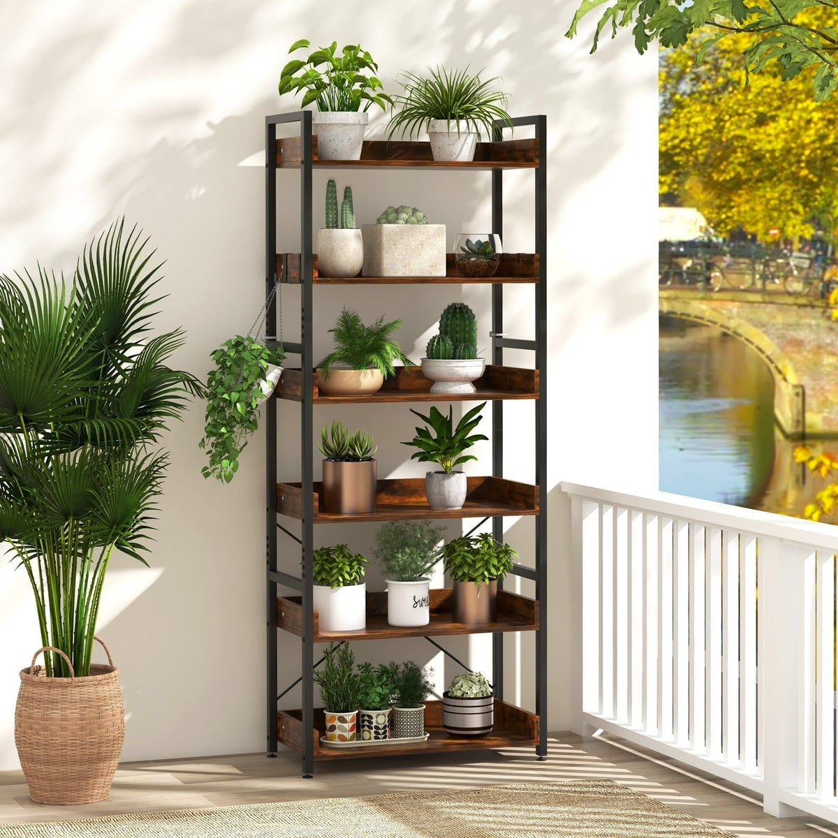 6 Tier Industrial Bookcase with 4 Hooks, Brown Wood Shelves on a Black Metal Frame