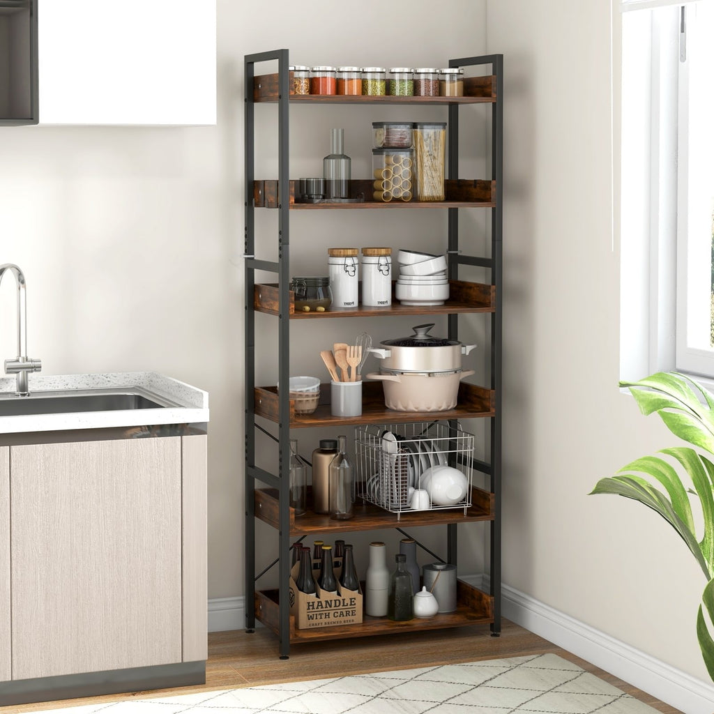 6 Tier Industrial Bookcase with 4 Hooks, Brown Wood Shelves on a Black Metal Frame