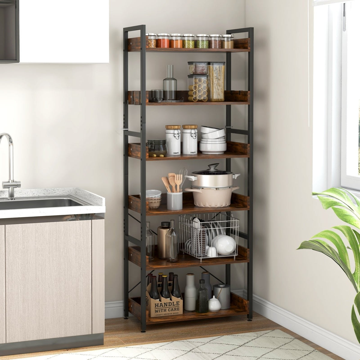 6 Tier Industrial Bookcase with 4 Hooks, Brown Wood Shelves on a Black Metal Frame