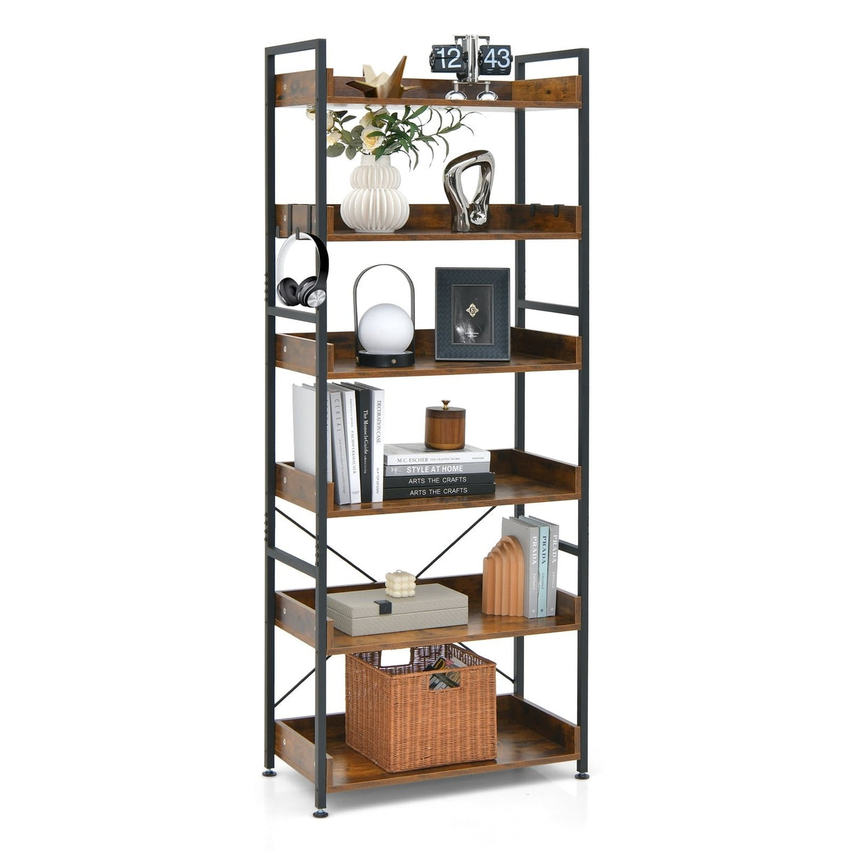 6 Tier Industrial Bookcase with 4 Hooks, Brown Wood Shelves on a Black Metal Frame