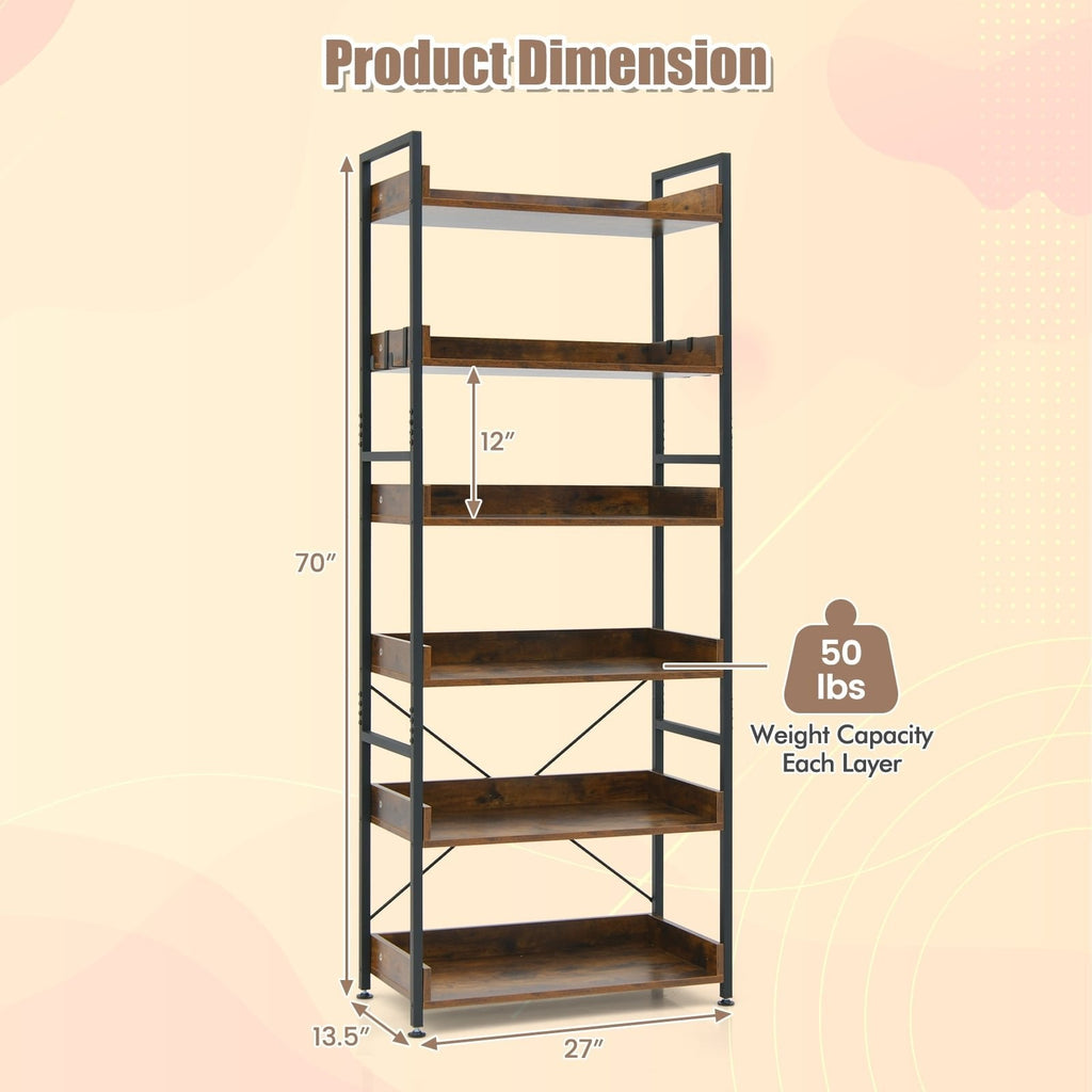 6 Tier Industrial Bookcase with 4 Hooks, Brown Wood Shelves on a Black Metal Frame