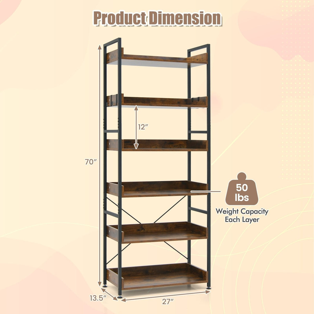 6 Tier Industrial Bookcase with 4 Hooks, Brown Wood Shelves on a Black Metal Frame