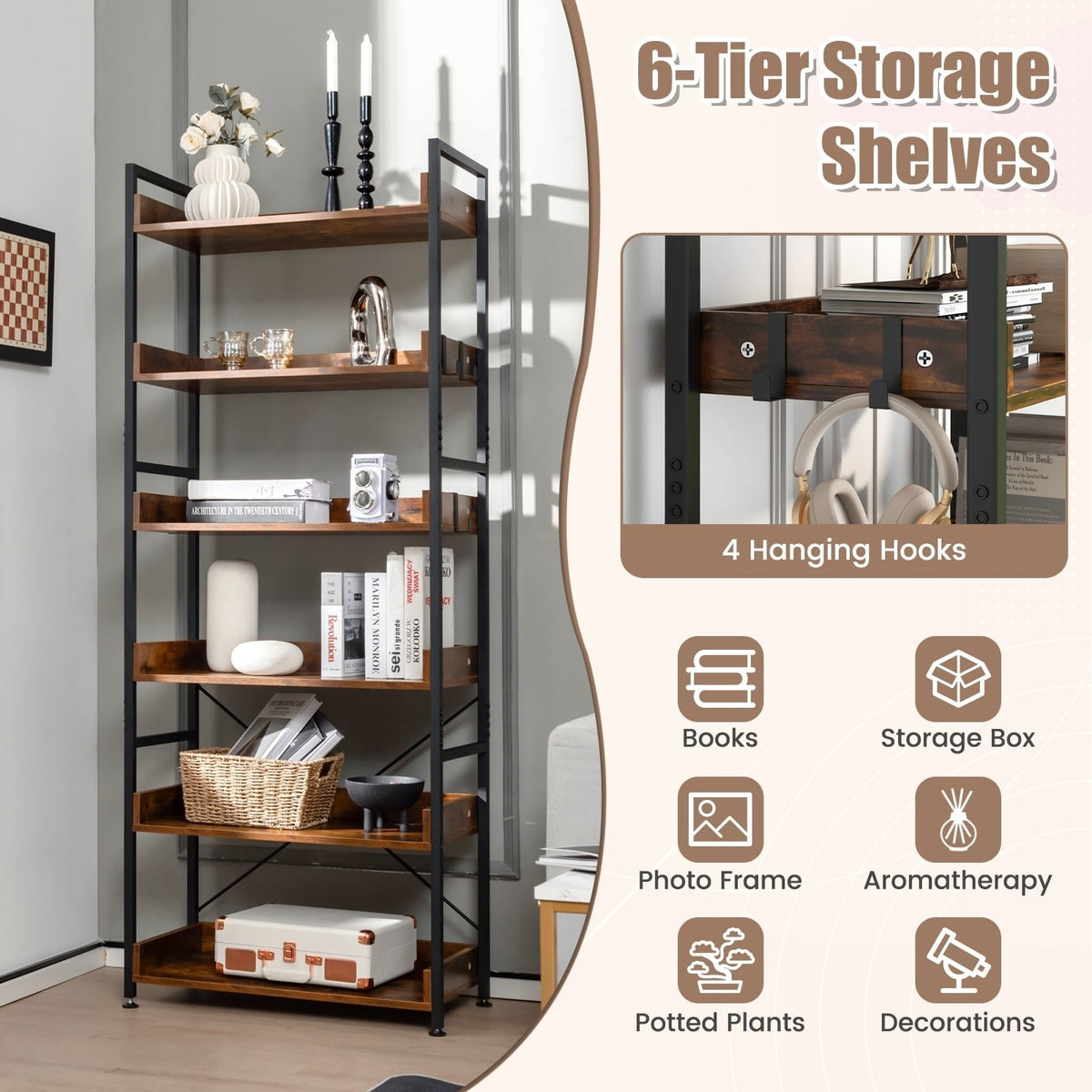 6 Tier Industrial Bookcase with 4 Hooks, Brown Wood Shelves on a Black Metal Frame