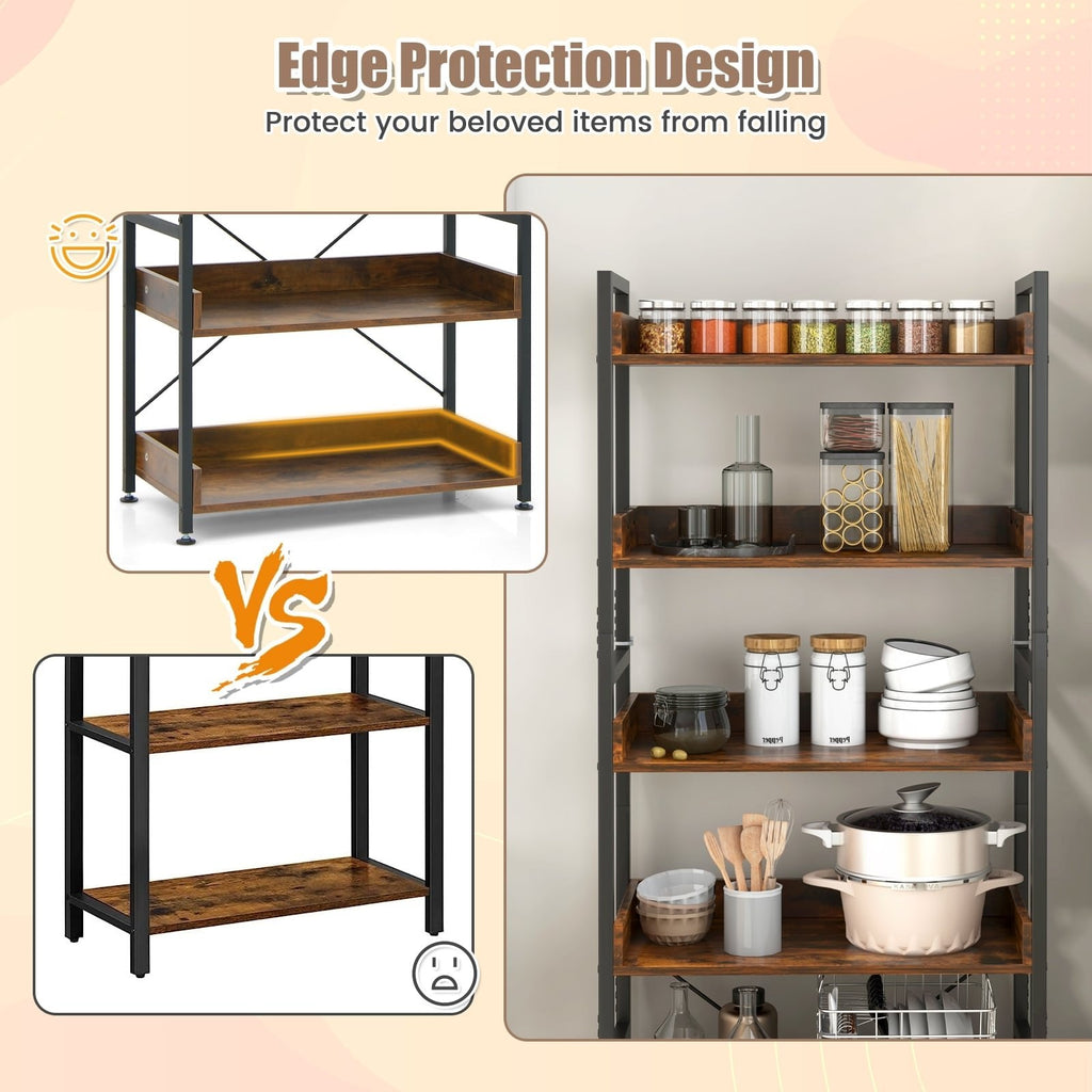 6 Tier Industrial Bookcase with 4 Hooks, Brown Wood Shelves on a Black Metal Frame