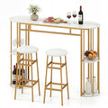 60 Inch Dining Table and 2 Upholstered Barstools with Faux Marble Tabletop-White