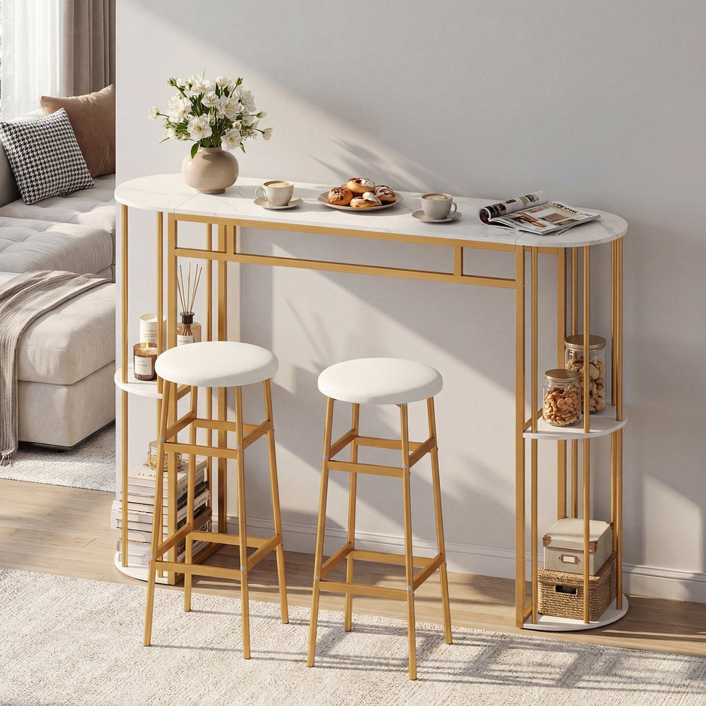 60 Inch Dining Table and 2 Upholstered Barstools with Faux Marble Tabletop-White