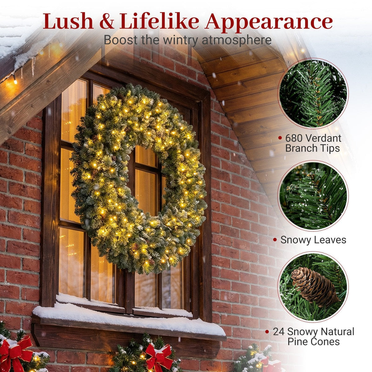 60 Inch Pre-Lit Artificial Christmas Wreath 200 LED Warm White Lights-Set of 2