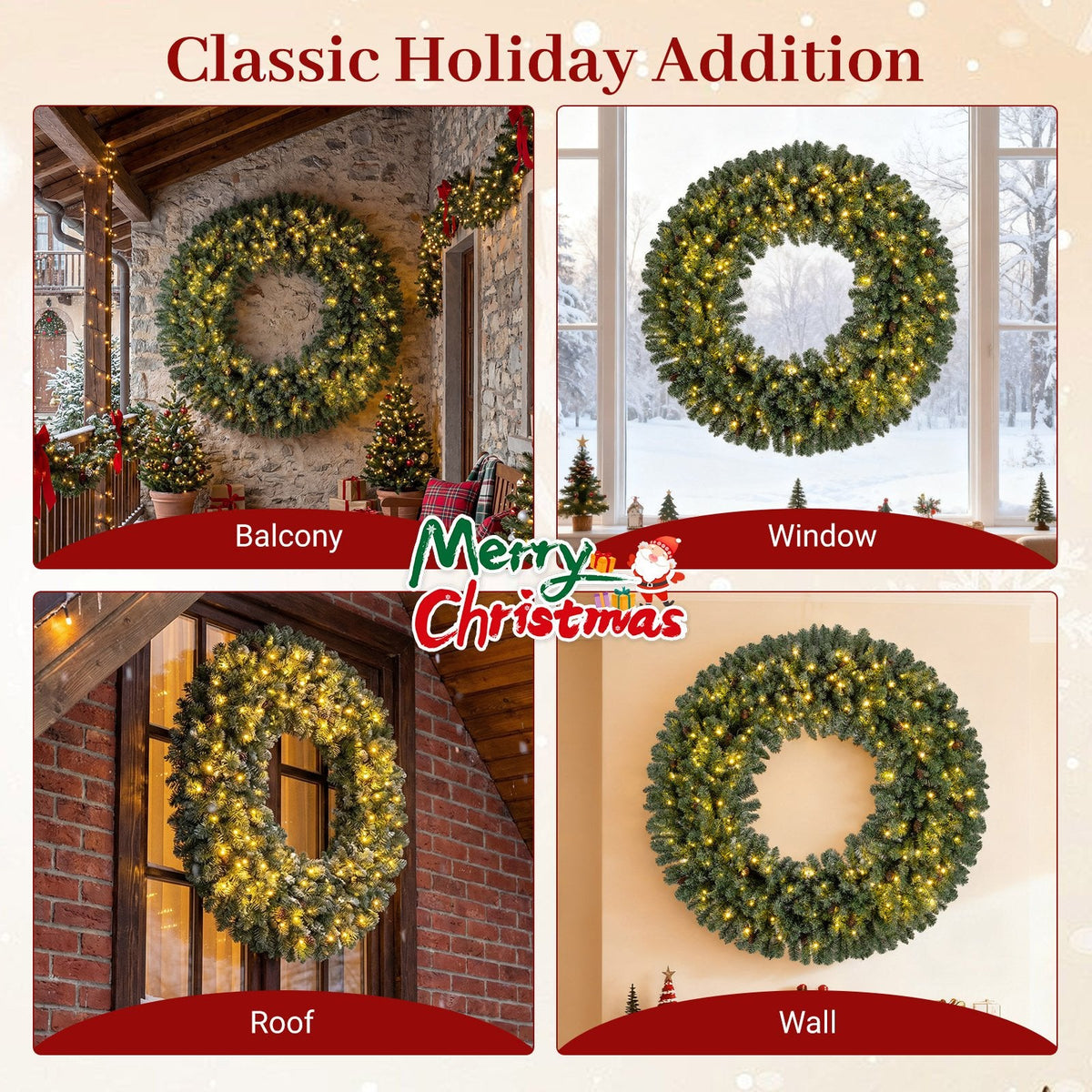 60 Inch Pre-Lit Artificial Christmas Wreath 200 LED Warm White Lights-Set of 2