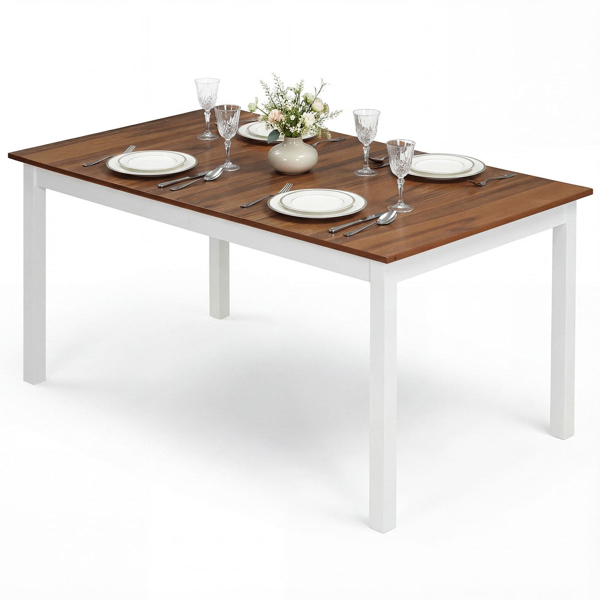 60 Inch Rectangular Dinner Table with Solid Rubber Wood Legs-Brown