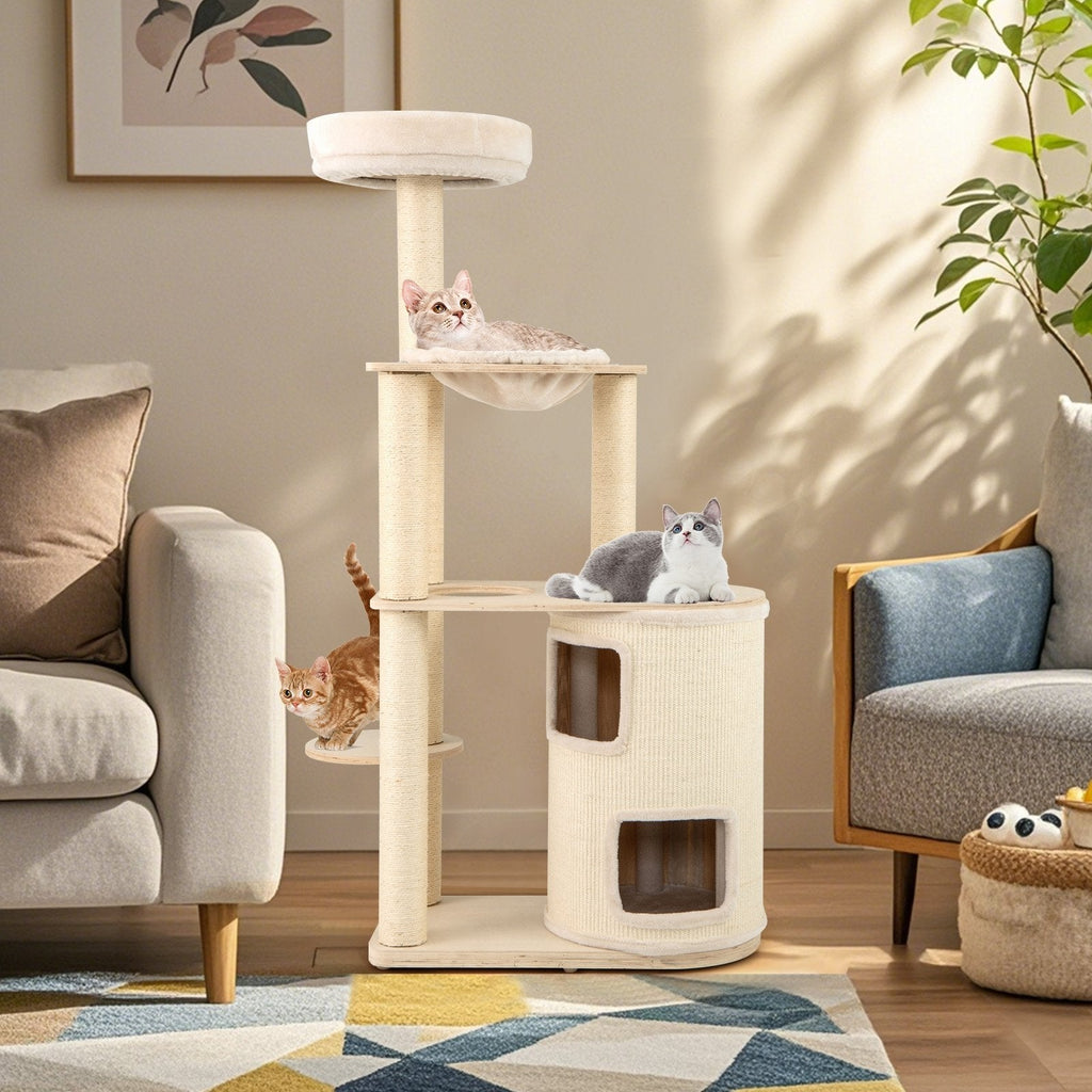 60 Inch Cat Tree with a Two Storey Condo, Bamboo Lining and Seven Sisal Posts