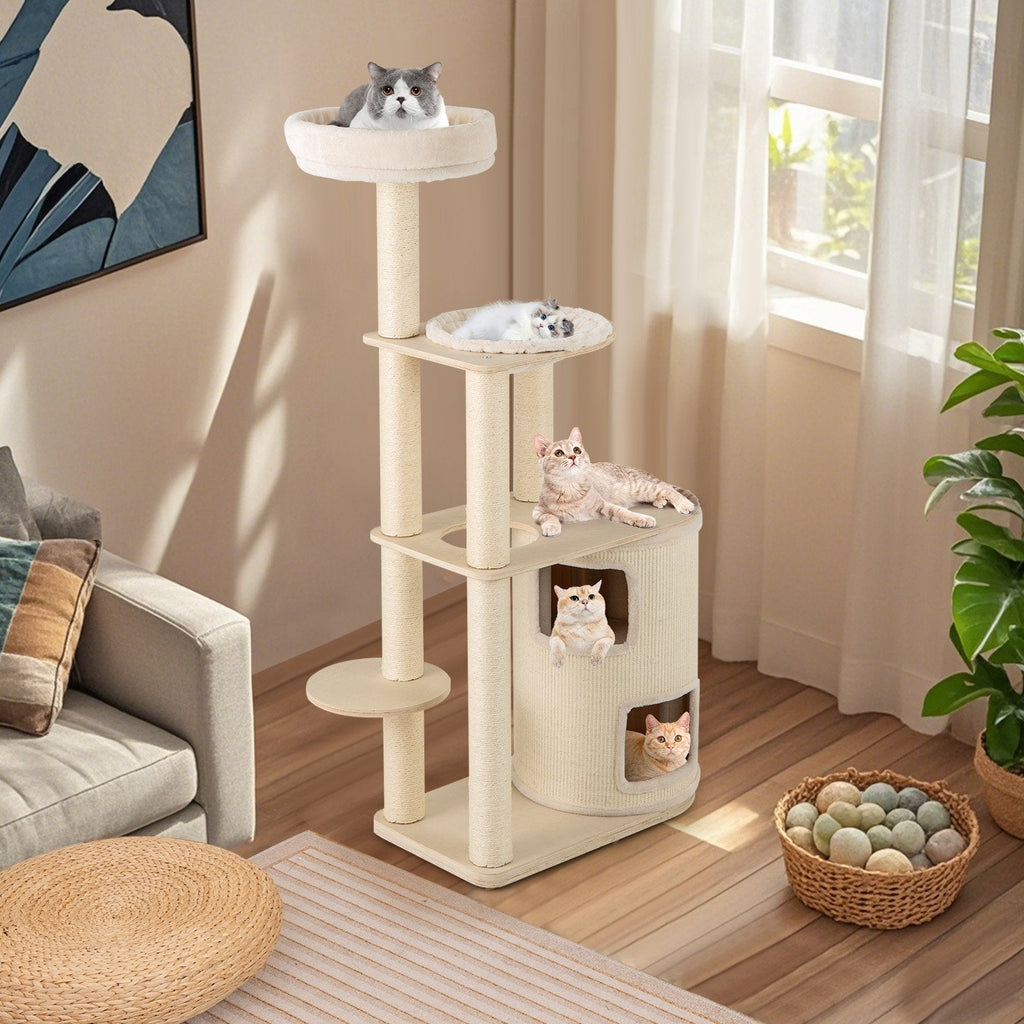60 Inch Cat Tree with a Two Storey Condo, Bamboo Lining and Seven Sisal Posts